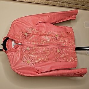 Sienastudio vintage leather barbie pink floral embroidered moto jacket sz 8